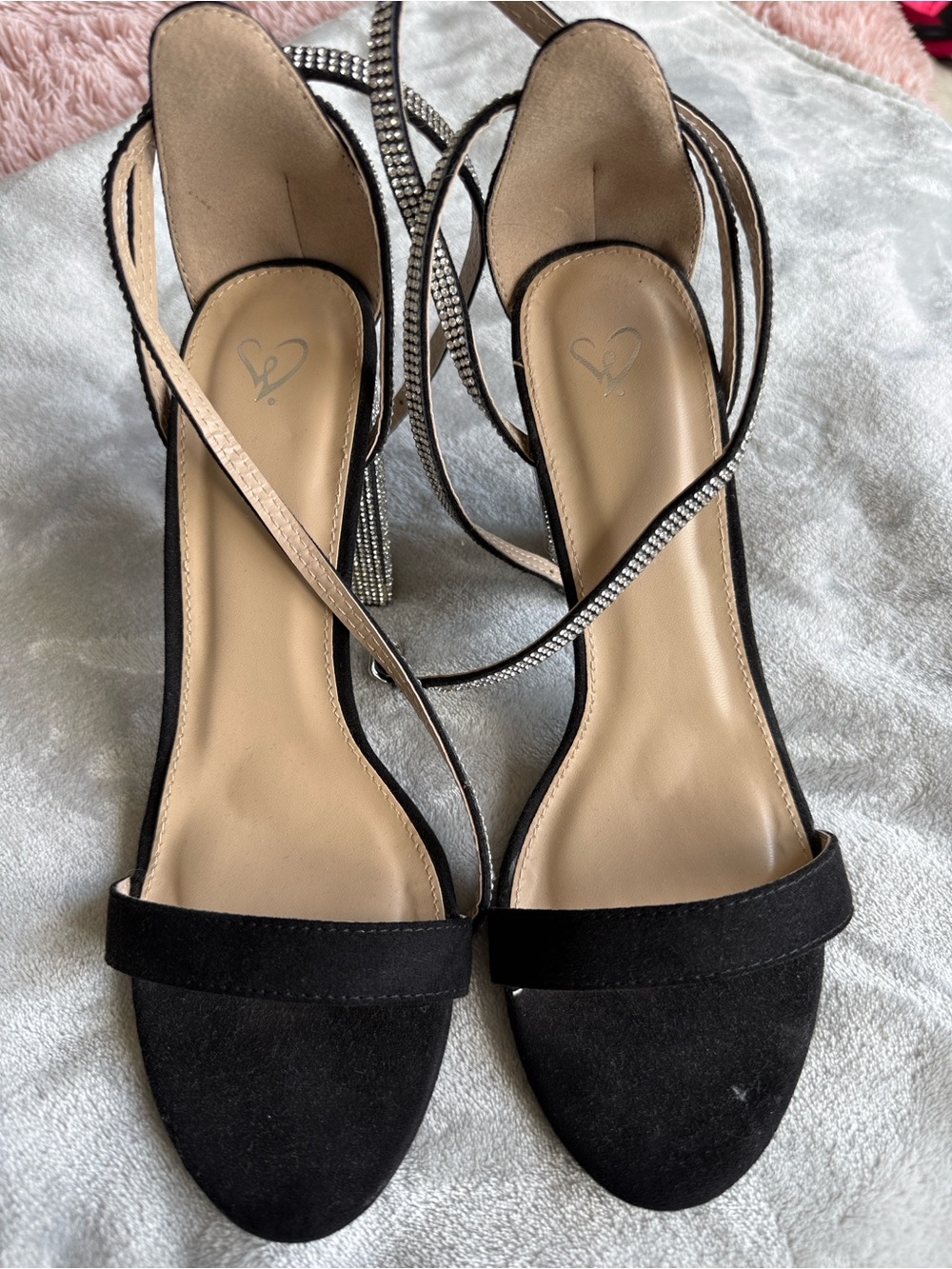 Windsor Black Suede Strappy Heels with Rhinestone Ankle Wraps